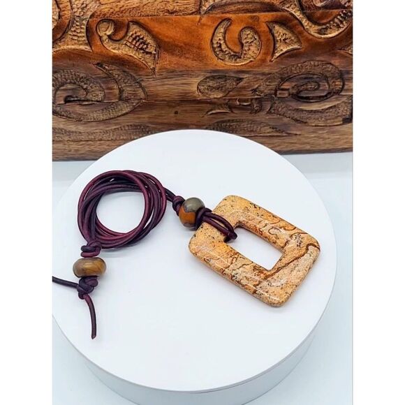 Large Picture Jasper Necklace with Leather Cord Natural Gemstone Pendant - Picture 5 of 8